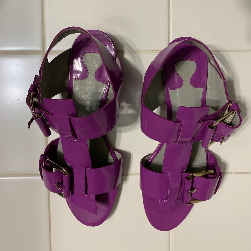 Chloe Purple Patent Leather gold buckle sandals.
